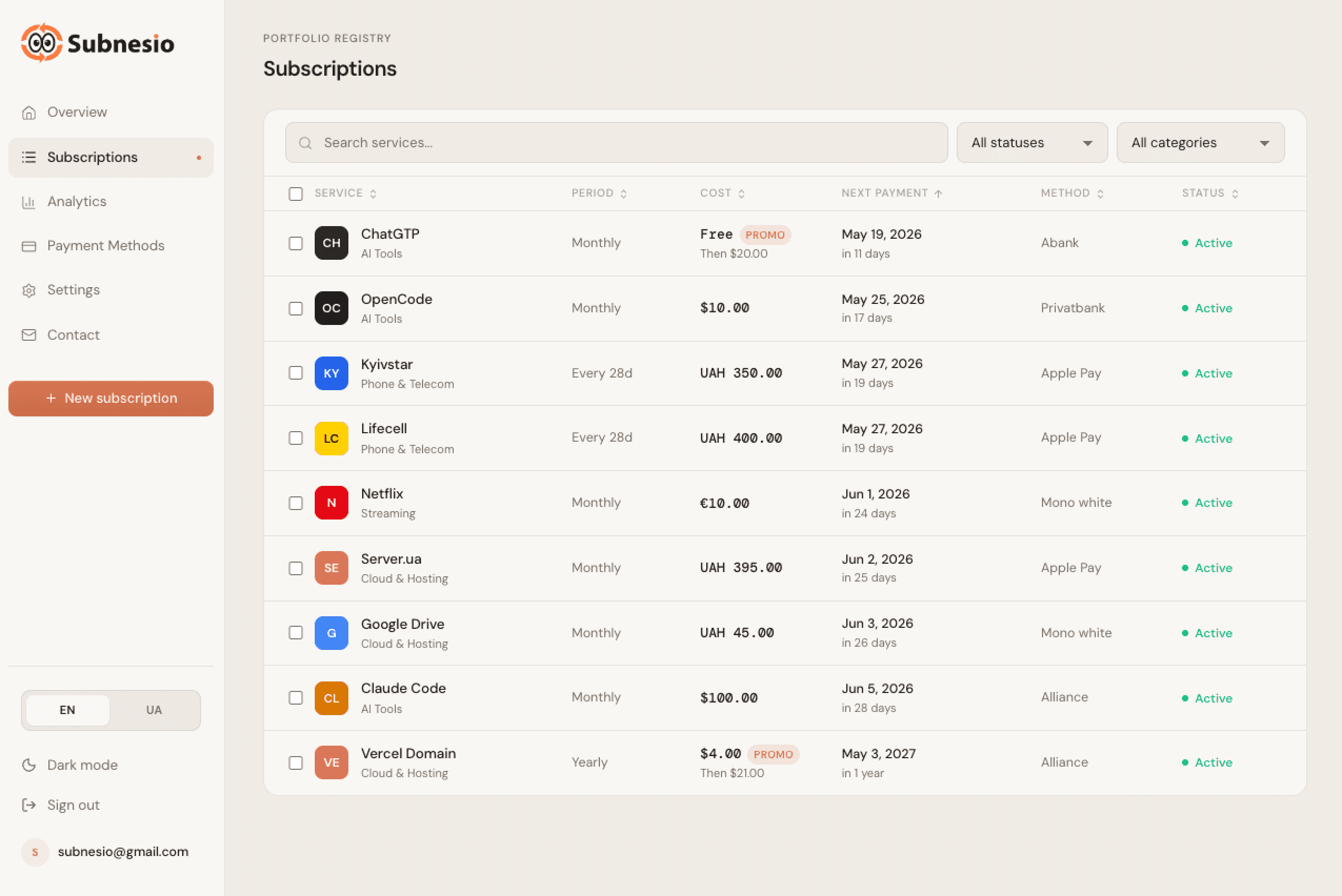 Every subscription, in one tidy list